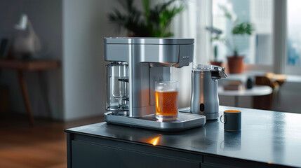 The machine is placed on the table, There is a water cup on the machine, Minimalist, bright. Generative AI.