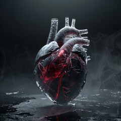 Striking image of a human heart encased in ice, with prominent red veins, against a dark, misty background. - obrazy, fototapety, plakaty