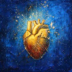 Artistic rendering of a human heart in gold against a starry blue background, symbolizing life and vitality.
