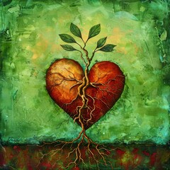 Artistic painting of a heart-shaped tree with sprawling roots and fresh leaves on a textured green canvas, symbolizing growth and love.