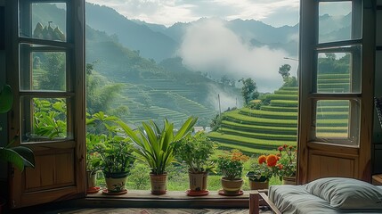 A room with an open window overlooking the terraced fields. Generative AI.