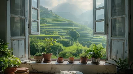 Gordijnen A room with an open window overlooking the terraced fields. Generative AI. © visoot