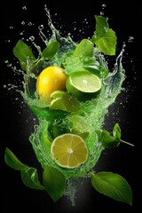 Lime juice splashing with fruits on black background still life.