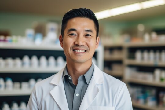 An image of an Asian American pharmacist in a lab coat, radiating professionalism and expertise, captured in a pharmacy, highlighting the vital role of pharmacists in healthcare.