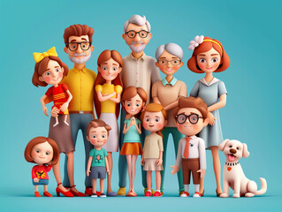 Multi-generational family portrait, unity theme, 3D vector,