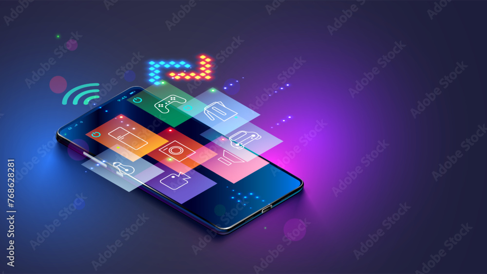 Leinwandbilder Smart home devices icons over screen phone. Smart home system isometric concept. Wireless control domestic through internet of things app on smart phone. Wireless remote control IOT technology.