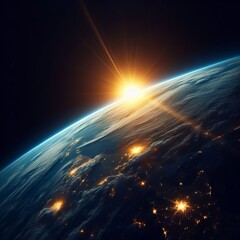 This stunning image captures the first light of sunrise gracing Earth's horizon from space, with city lights twinkling below AI generation