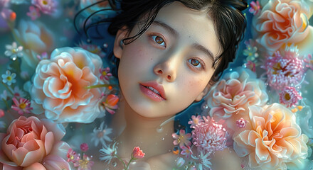Beautiful Chinese girl laying face up in a lush field of inflatable flowers. Generative AI. - obrazy, fototapety, plakaty