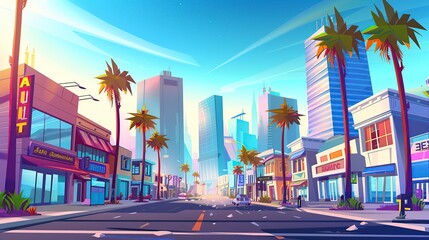 Urban City Street With Palm Trees and Buildings