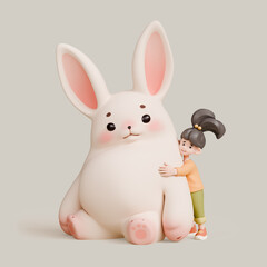 Cute kawaii excited asian smiling child girl hugging big plush toy of a fat fluffy Easter bunny. Rabbit with eyebrows, pink ears, cheeks, soft paws in sitting playful pose. 3d render in pastel colors.