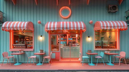The inviting exterior of a coffee and pastry shop with a vintage awning.
