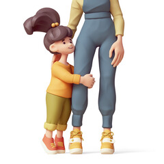 Cute kawaii excited funny asian smiling сheerful child girl in casual clothes, yellow pullover, green pants, red sneakers, hugs mother's leg. Concept of friendly family. 3d render isolated transparent