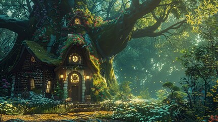 small magical gnome or elf house nestled in the forest amongst the trees - obrazy, fototapety, plakaty