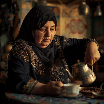 senior arab woman pouring coffee from the pot into a cup