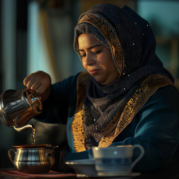 arab plus size woman pouring coffee from the pot into a cup