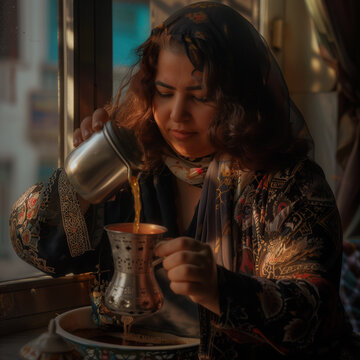 arab plus size woman pouring coffee from the pot into a cup