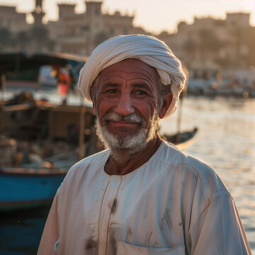 old arab fisherman wearing white linen clothes smiling in front of boat and river old harbour