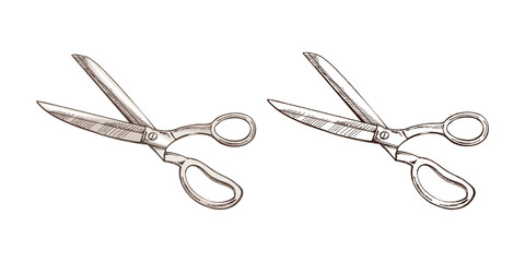 Hand-drawn colored and monochrome sketches of tailor's scissors. Handmade, sewing equipment concept in vintage doodle style. Engraving style. © Mariia Mazaeva