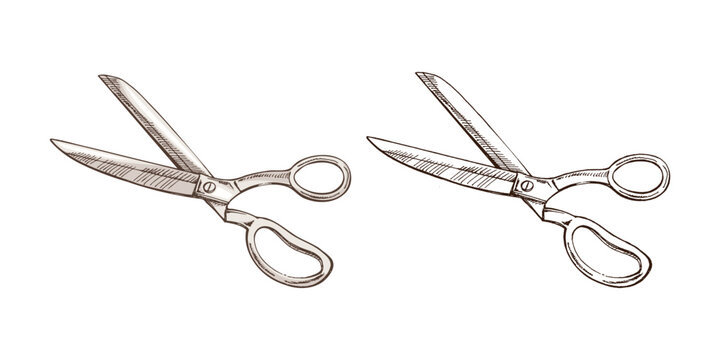 Hand-drawn colored and monochrome sketches of tailor's scissors. Handmade, sewing equipment concept in vintage doodle style. Engraving style.
