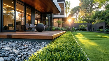 Contemporary Lawn Turf with Wooden Edging in Front Yard of Modern House. Artificial Grass with Clean Design and Boundary Decoration. Generative AI.