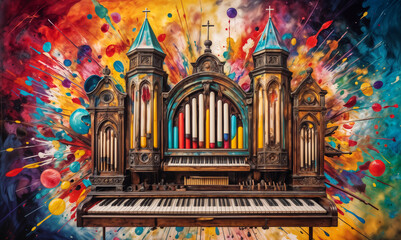 old pipe organ with a colorful, abstract painting as the background. The organ has a castle-like design with colorful towers and a crucifix on top. The paint strokes are in vibrant colors - obrazy, fototapety, plakaty
