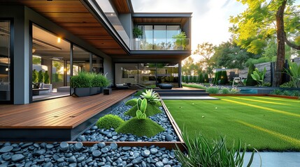 Contemporary Lawn Turf with Wooden Edging in Front Yard of Modern House. Artificial Grass with Clean Design and Boundary Decoration. Generative AI. - obrazy, fototapety, plakaty