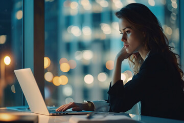 Thinking, laptop and typing business woman, bank consultant or working on research report, project or solution. Computer, administration analysis and professional person reading online account data - obrazy, fototapety, plakaty