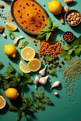 various fresh herbs and spices on green background. overhead view.