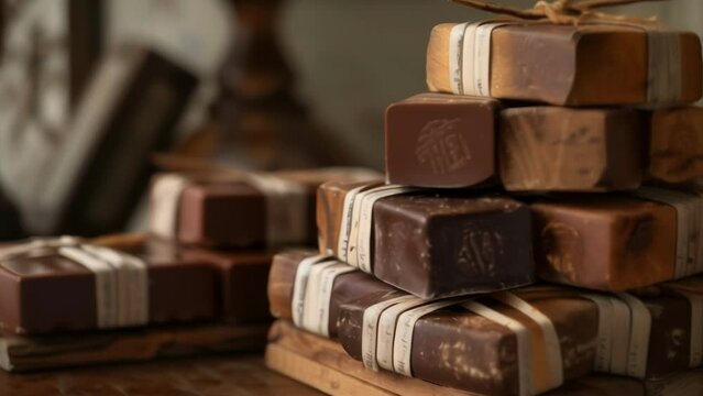 A stack of rectangular wooden boxes each one containing artis chocolates. The boxes have a natural earthy look with handstamped labels.