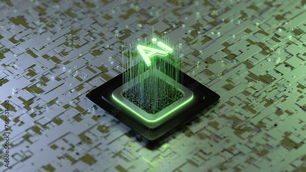 Poster glowing ai artificial intelligence technology chipset cpu on circuit board. electronic and technolog