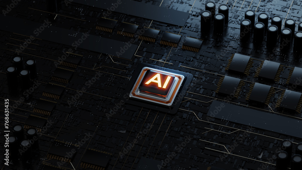 Poster glowing ai artificial intelligence technology chipset cpu on circuit board. electronic and technolog