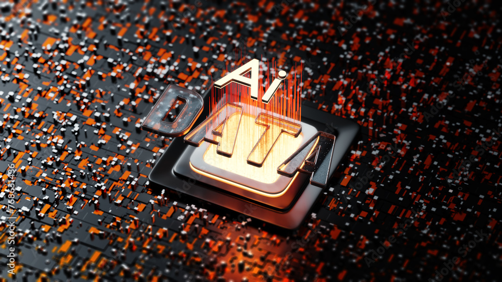 Poster glowing ai data. artificial intelligence technology chipset cpu on circuit board. electronic and tec