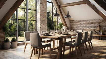 A large dining room with a long wooden table and many chairs. The room is filled with natural light and has a warm, inviting atmosphere