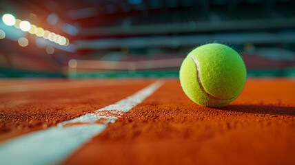 A green tennis ball on a clay court in the stadium. - obrazy, fototapety, plakaty
