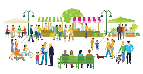 Stadtsilhouette mit Menschengruppen in der Freizeit im Wohnviertel, Illustration - 768632015
