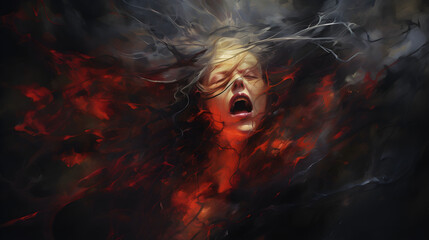 Watercolor abstract illustration symbolizing a scream. Portrait of a screaming woman amidst black and red abstract strokes. Fury Unleashed: Feeling intense anger or fear - obrazy, fototapety, plakaty