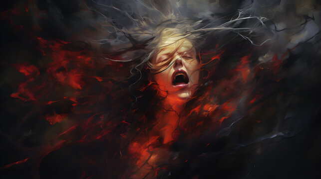 Watercolor abstract illustration symbolizing a scream. Portrait of a screaming woman amidst black and red abstract strokes. Fury Unleashed: Feeling intense anger or fear