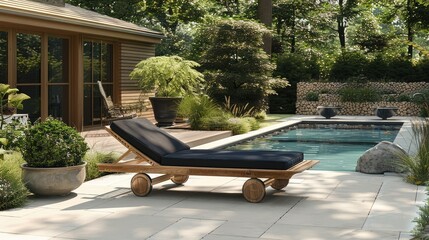 The teak sun lounger with black canvas and wheels is placed in a garden on the outdoor swimming pool area. Generative AI.