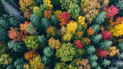 Naklejka na ściany i meble aerial view of forest with beautiful autumn colors of nature drone view Autumn yellow forest and green trees in rural, Drone photo Aerial top view.