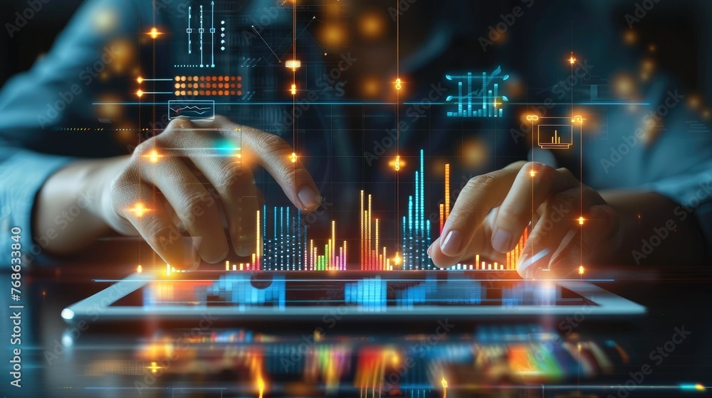 Aufkleber businessman analysis sales data graph growth on modern interface icons on strategy, digital online m