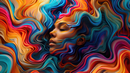 Illustration, a woman dissolves in colored waves. Disappears in the geometric pattern of the rainbow color - 768633845