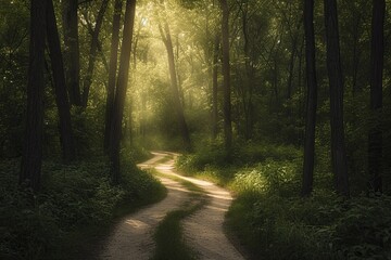 Winding path through a forest, with ethereal light filtering through the trees. The photograph represents the journey of recollection. - obrazy, fototapety, plakaty
