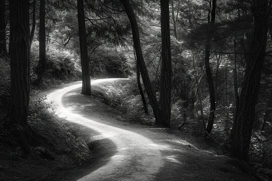 Winding path through a forest, with ethereal light filtering through the trees. The photograph represents the journey of recollection.