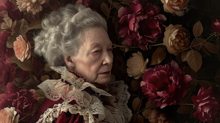 Old woman is sitting with red roses and flowers surrounding her - 768634002