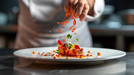 Chef applying finishing touches to an exquisite dish, with splashes of vibrant sauces forming a visually appealing pattern on a pristine white plate. The culinary artistry.