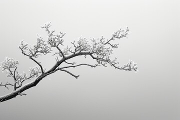 Calcifrage-covered tree branch against a stark winter landscape. The juxtaposition of the fragile ice formations and the barren surroundings evokes a sense of isolation and resilience.