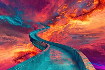 Conveyor belt winding through a surreal, dreamlike landscape, symbolizing the continuous flow of ideas or creativity. Vibrant, surreal colors.