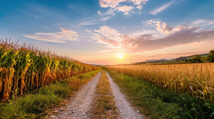 Fototapeta na wymiar Young boy wanders in path made through corn field as leisure activity.