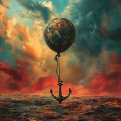 Deflated balloon tied to an anchor, set against a vivid, stormy sky. The symbolism captures the weight lifted after overcoming a challenge. - obrazy, fototapety, plakaty