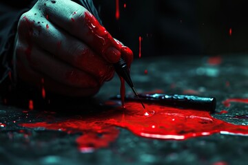 Hand emerging from darkness, holding a dripping quill pen, writing the first strokes of a story in vibrant red ink. The mysterious and dramatic composition evokes the metaphorical shedding. - obrazy, fototapety, plakaty